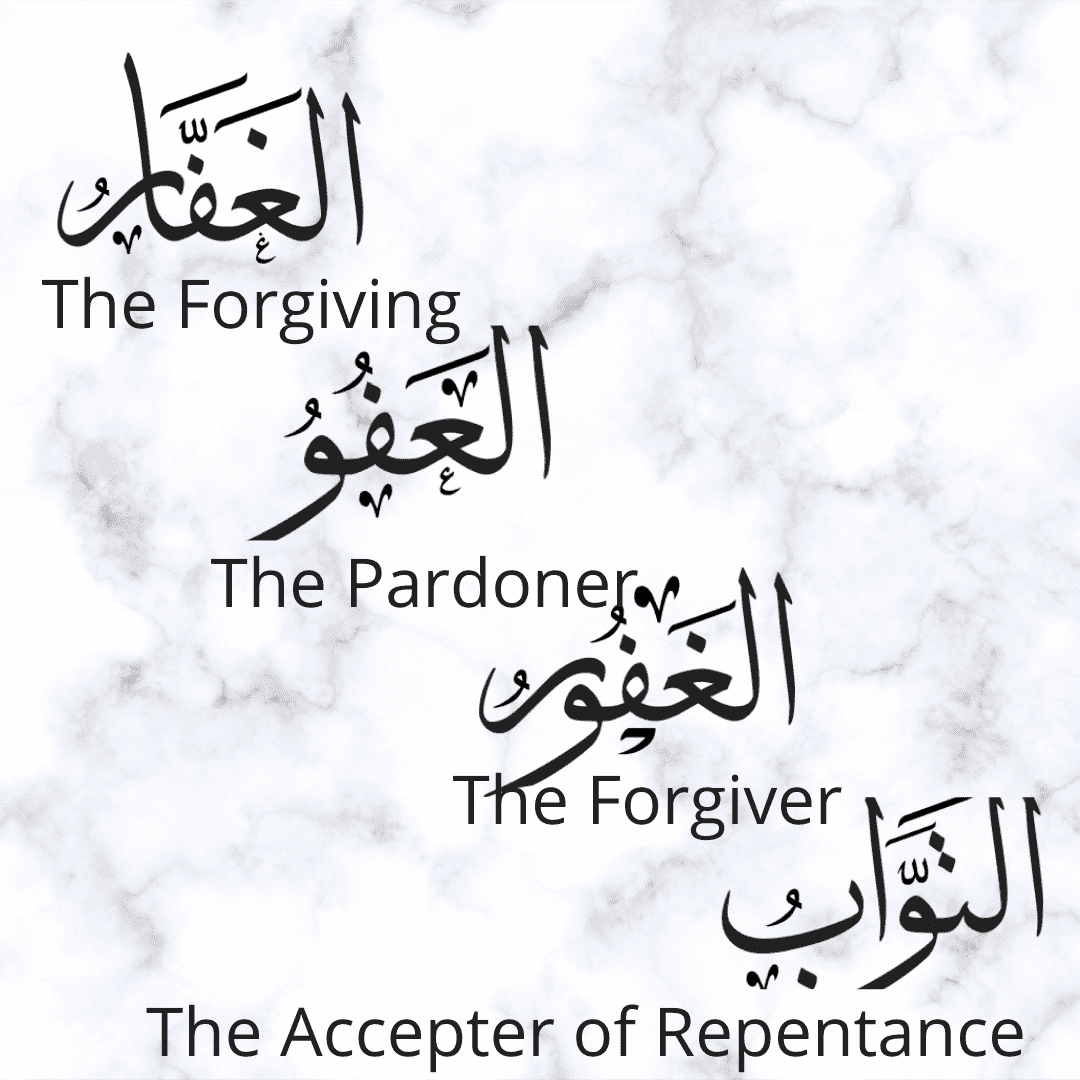 Al gafar, Al gaffur, At Tawab, Al Affuww Allah's beutiful names, The forgiving, The Forgiver, the Pardoner, The accepter of repentance