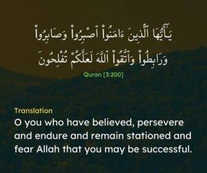 "Oh you who believe! Patiently endure, persevere, stand on guard, and be mindful of Allah, so you may be successful.” (Quran, 3:200)