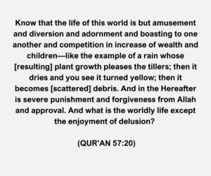 Know that the life of this world is but amusement and diversion and adornment and boasting to one another and competition in increase of wealth and children—like the example of a rain whose [resulting] plant growth pleases the tillers; then it dries and you see it turned yellow; then it becomes [scattered] debris. And in the Hereafter is severe punishment and forgiveness from Allah and approval. And what is the worldly life except the enjoyment of delusion.  (Qur’an 57:20)